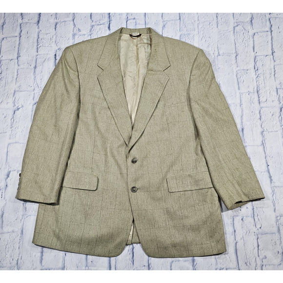 Hart Schaffner Marx MENS 44R Jacket Beige Plaid Sports Coat 100% Silk USA MADE - Picture 1 of 12